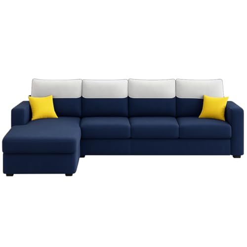 Image of Furny Tokiaa 8 Seater Fabric LHS L Shape Sofa Set with 1 Centre Table & 2 Puffy (Blue) | Soft Velvet Fabric | Modern Design | Comfortable Seating | Living Room Furniture