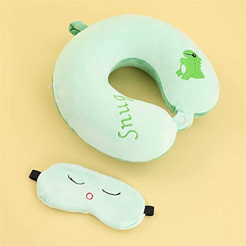 Travel Pillow - Comfort Memory Foam Neck Support Cushion (Traveling, TV, Reading) - Green Dinosaur + Blindfold