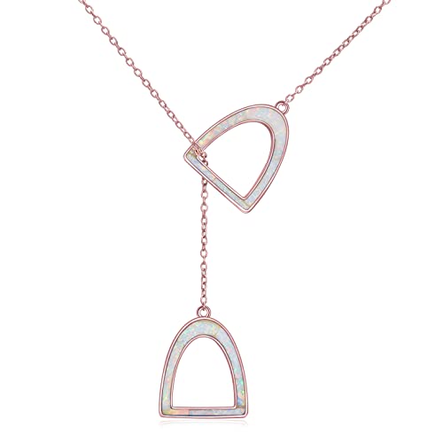 YFN White Opal Horse Gift Jewelry - 925 Sterling Silver Simple Double Horse Strirrup Lariat Necklace for Women