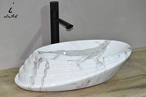 Image of InArt Designer table top wash basin for bathroom /bathroom sink /cabinet wash basin /ceramic basin /counter top basin /vanity washbasin in White Satvario 20 x 15 x 6 Inch