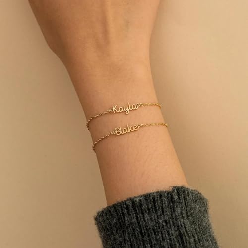 Custom Bracelet with 1-3 Names, Customized Name Bracelets for Women, 18K Gold Plated Adjustable Charm Bracelet Personalized Birthday Gifts for Mom Wife2