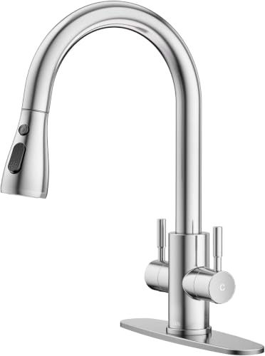 Hurran Kitchen Sink Faucet with Pull Down Sprayer, Brushed Nickel 2 Handles
