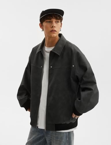 Men's Teen Faux Leather Zip Up Bomber Jacket 90S Vintage Biker Racing Moto Jackets Streetwear Coats4