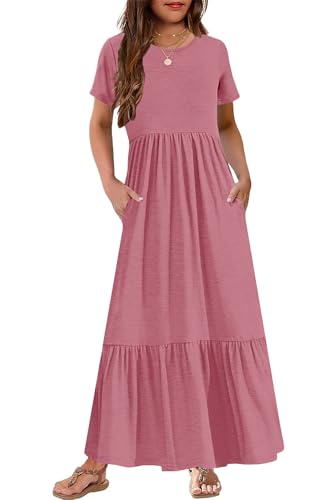 YOVION Girls Summer Maxi Dress Short Sleeve Crew Neck Casual Loose Flowy Tiered Dresses with Pockets for 6-12 Y