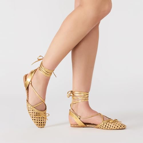 Seborluys Lace Up Ballet Flats Sandals for Women Woven Strappy Flats Sandals Closed Square Toe Summer Flat Shoes with Bow2