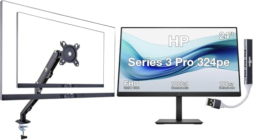 Image of HP Series 3 Pro 324pe 24 inch FHD IPS Monitor with 5ms Response Time, Anti Glare, Flicker Free, VESA Mount (100mm), VGA, Displayport, HDMI, Black Color (B1GM5AA#ABA) w /DKZ Hub & ErgoFlexy Single Mount Arm