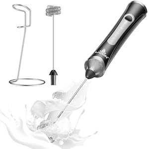 Rechargeable Frother Wand with Stand, Milk Frother with Detachable Stainless Steel Double Rings Whisk, 3-Speed Handheld Electric Drink Mixer for Lattes, Cappuccino, Coffee