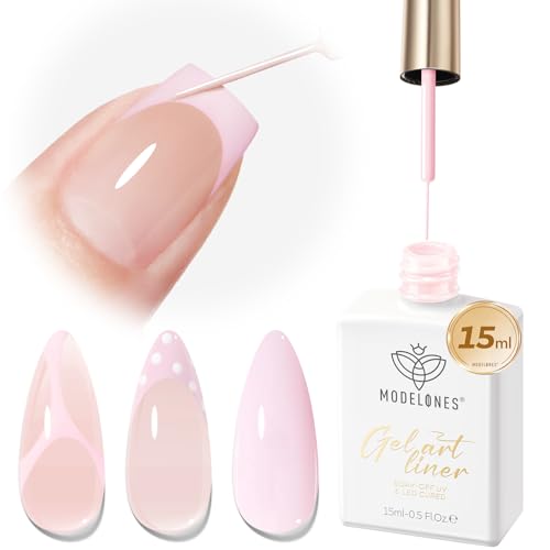 Image of modelones Pink French Tip Liner Gel Polish 15ml Built-in Fine Brush | Baby Pink Nail Art Gel Paint Swirl Fine Line Design Beginner Friendly Long Lasting Soak Off U V Cure DIY Soft Salon Manicure