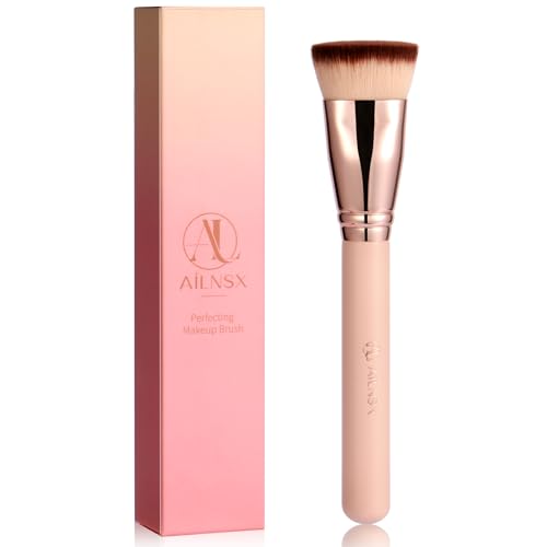 Image of Flat Top Foundation Brush for Liquid, Cream and Powder Foundation, Dense Makeup Brush for Buffing, Stippling, Concealer and Contour, Pink Handle Rose Gold Ferrule