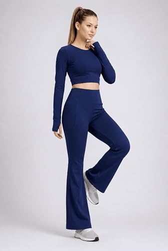 Image of PINAAK FASHION Women's Yoga Co-Ord Set | Full Sleeve Crop Top & Flared High Waist Yoga Pants with Pocket | Thumb Hole Sleeves | Bell Bottom Gym Wear Activewear Tracksuit for Workout, Running & Lounge