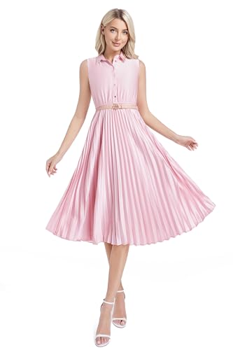 Image of Elegant Satin Midi Dress for Women Slim Long Belted Formal Business Work Casual Dresses