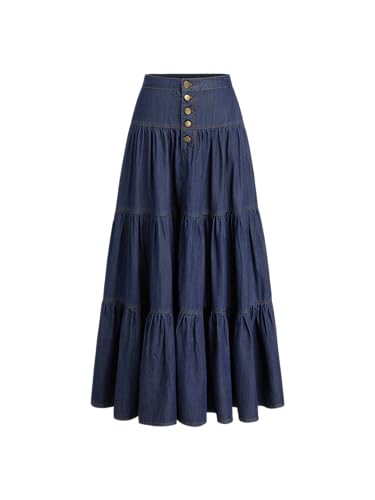 CIDER Women’s Long Jean Denim Tiered Button Down High Waisted Maxi Skirts