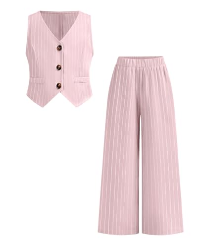 HSOXLQF Toddler Girls Summer Clothes 2 Piece Outfits Single-Breasted Striped Vest and Wide-Leg Pants Clothing Set