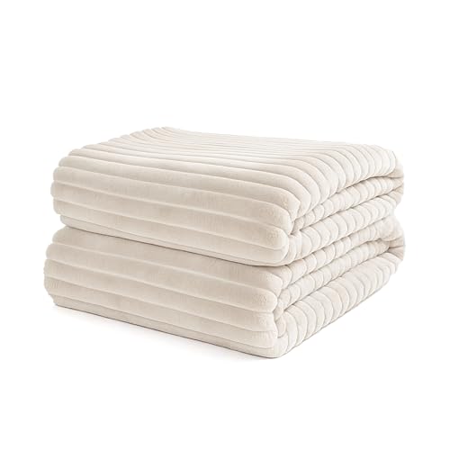 Lista de Cobertores Coppel los más recomendados. 40 ALVANA Cobija de Rayas Cobertor Suave y Frazada Calientita 100% Microfibra Manta Forro Polar (Blanco, Matrimonial)