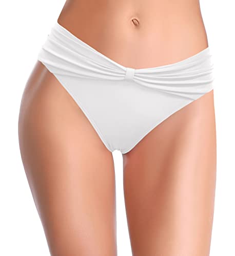 SHEKINI Fondo Bikini per Donna Decorazione di Prua Classico Slip Bikini Donna Ruched Nuoto Tronchi Retro Triangolo Costumi da Bagno Pantaloncini da Spiaggia(M,Bianca)