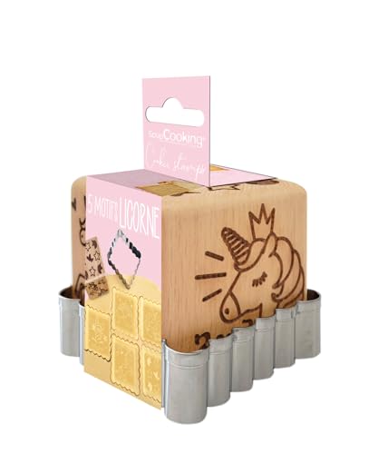 ScrapCooking - Timbro per pasticceria in legno, motivo unicorno, con 1 taglierino per biscotti e cubo, decorazione con 5 facce incise in rilievo, decorazione