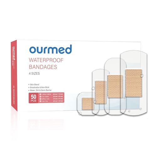 Ourmed Waterproof Plasters - Holds up to 48 Hours Clear Adhesive Plasters Stays on Skin in The Bath Shower or Pool First-Aid Wound Care Fingers Knees and Heels 50 Count