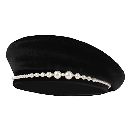 Minache Women Girls Black Velvet Beret Pearls French Beret Solid Color Artist Hat Winter Warm Beanies Hats