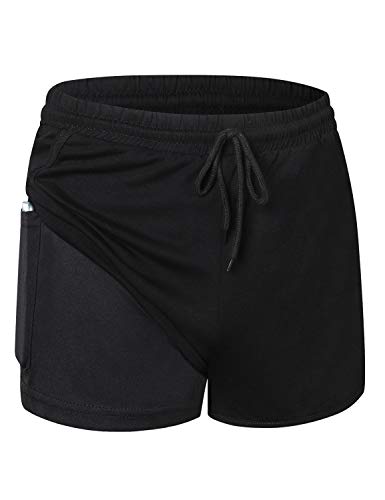 Felisou Sport Shorts for Women,Double Layer Soccer Shorts with Underneath Womens Adjustable Waist Athletic Running Biking Short Moisture Wicking Active Wear Pants Black X-Large