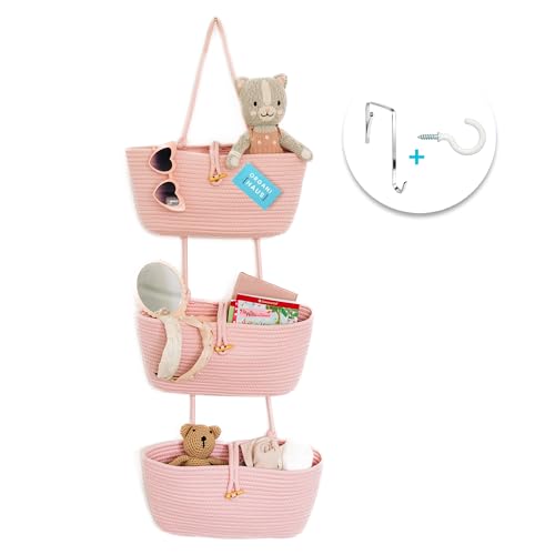 Image of OrganiHaus Over the Door Organizer, Woven Rope Hanging Baskets, 3-Tier | Cotton material; mounts on wall or hook; ideal for entryway, playroom, dorm, or nursery decor and storage