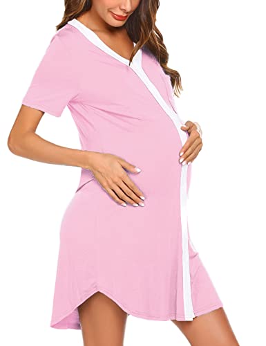 Ekouaer Nursing Sleepshirt Women Button-Front Nightshirt Short Sleeve Nightgown Breastfeeding Sleepwear S-Xxl Misty Rose #TOP3