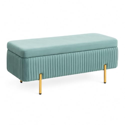 Image of Nutech Decor Velvet Upholstered Flip Top Storage Bench, 2-Seater Ottoman with Hidden Storage, Button Tufted End of Bed Bench for Bedroom, Living Room, Entryway, Hallway & Window Seating