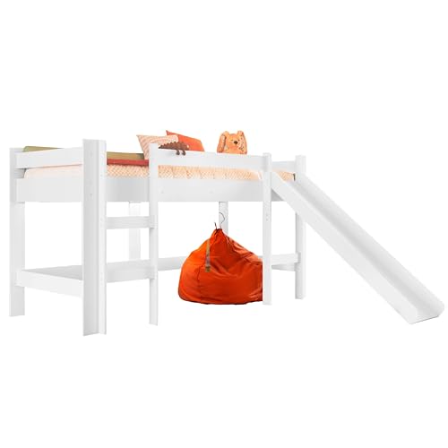 Miroytengo Cama Alta Infantil, Cama con Tobogán y Escalera Nubbi, con Láminas de Somier, Melamina Blanco 80x190 cm