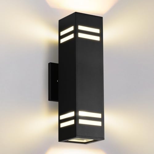 Image of Cerdeco 15 inch Black Modern Outdoor Wall Light with 3-Sided Frosted Glasses | E26 Base,UL listed,Aluminum Up and Down Lights Outdoor Exterior Wall Light Fixture Porch Light for House Garage Patio Garden
