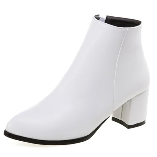 OALEEN Bottines Fourrées Femme Hiver Boots Chelsea Talon Haut Carré Bloc Sexy Bout Pointu Effet Cuir Soirée Chaussures Blanche 38
