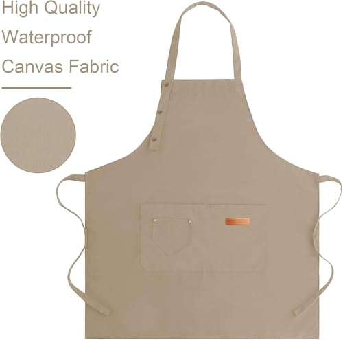 Image of Zollyss Adjustable Canvas Cotton Apron with Large Pockets, Waterproof Bib Apron for Cooking and Kitchen, Beige