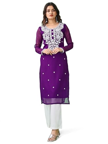 Image of HESVI Women's Georgette White Lakhnavi Chikankari Kurti with Intricate Embroidery Work