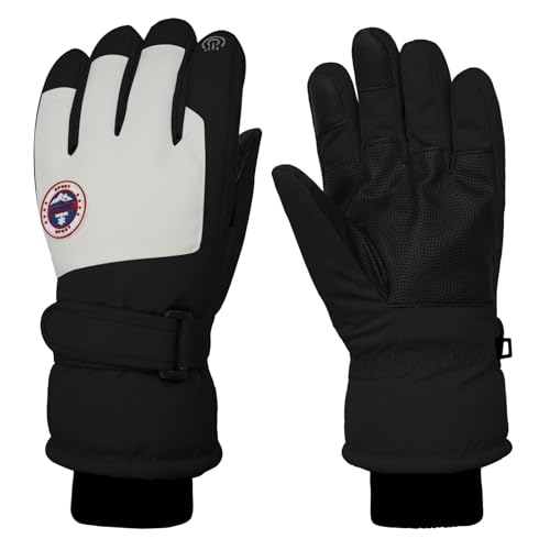 Long Keeper Guantes Invierno Hombre Mujer Guantes Esquí Impermeable Guantes Nieve Tactiles con Forro Guantes Térmicos Sport Cortavientos (Negro con Blanco - L, Circunferencia de la Palma: 21-24cm)