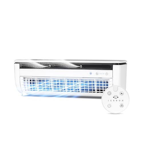 IceBox Cooling Mist Fan, Small Portable Fan with Evaporative Humidifier, For Desk or Wall Mount, 3 Speeds, 8.8oz/260ml Tank, 8-Hour Runtime per Charge, Remote, USB-C, IBCF200W, White/Gray