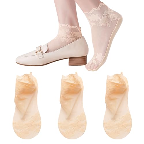 Image of SooGree 3Pairs Lace Socks No Show Frilly Ankle Socks Knit Cotton Socks Non Slip Low Cut Socks for Women Lace Floor Socks