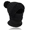 TAGVO Women Winter Knit Hat Scarf Set, 3-in-1 Multifunction Windproof Thermal Elastic Snood Hood Beanie with Loop Scarf in Soft Fleece Linning, Ladies Pom-pom Hat Balaclava Face Ski Mask Black