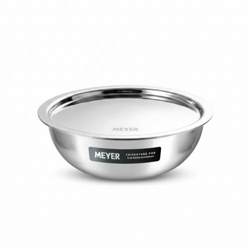 Image of Meyer Trivantage Pro Tasla, Triply Stainless Steel Cookware SS 304 Grade with Lid | Triply Tasla /Tasra Cook & Serve | Induction Base & Heavy Bottom cookware |18 CM 1.3 Liters| 10 Year Warranty |Silver