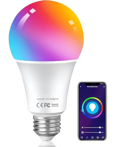 HUTAKUZE Alexa Smart Bulb WiFi E27 Screw, 9W 806LM, App or Voice Control, Dimmable Warm White and RGB Colour Changing Light Bulb, Works with Alexa/Google No Hub Required, 1 Pack
