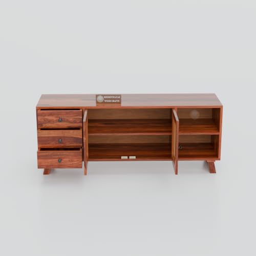 Image of Solid Wood TV Entertainment Unit with 3 Drawers, 2 Cane Doors & Open Storage Shelf | Wooden TV Stand & Media Console Cabinet for Living Room | Mid-Century Modern Television Cabinet | Walnut Finish