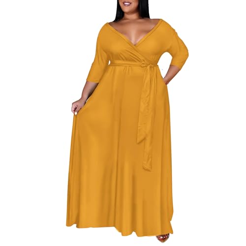 Image of Runwind Plus Size Dress for Women - 3 /4 Sleeve V Neck Maxi Dresses for Women (XL-6XL)