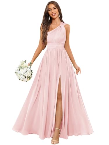 OFEECHUN Women's Chiffon One Shoulder Bridesmaid Dresses Long Pleated A Line Evening Formal Gown with Slit4