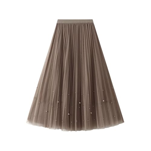 Damen Tüll Plissee Röcke, A-Linie Rock mit Netz, Elastischer Hoher Bund, Midi Rock mit Perlen für Feier Hochzeit