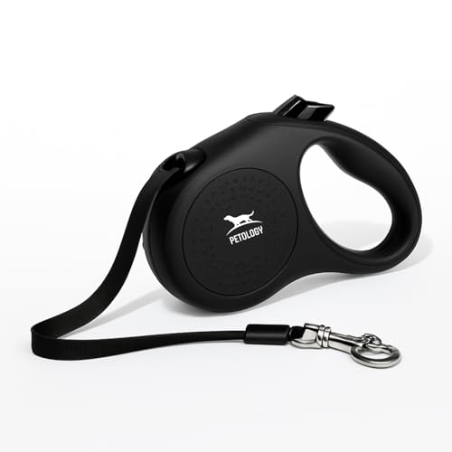Image of Petology Retractable Dog Leash | 5 Meter (16ft) Nylon Tape | for Dogs Upto 25kgs | Heavy Duty Rope, 360 Tangle-Free, One-Hand Brake & Lock System, Anti-Slip Comfortable Grip