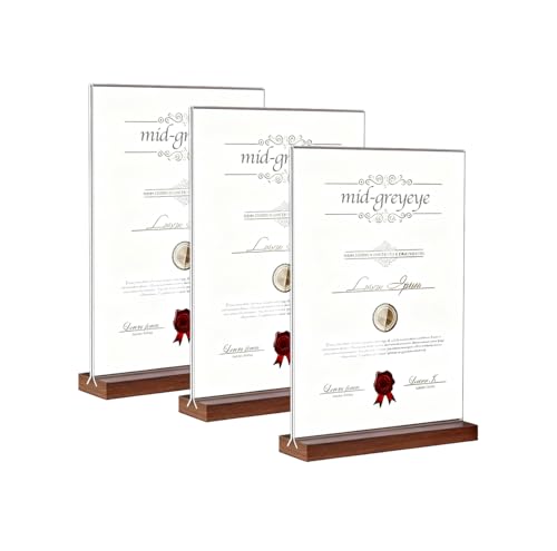 midgreyeye 3pcs A4 Premium Acrylic Sign Holder with Wooden Base A4 Display Stand for Office, Restaurant, Café, Shop, Wedding