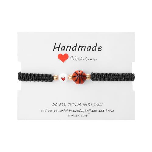 Dainty Adjustable Unisex Soccer Football Rugby Baseball Braided Sports Bracelets With Card Handmade Beaded Ball Charm Bracelets for Women Men Sports Team Party Favors Jewelry Gifts-C basketball