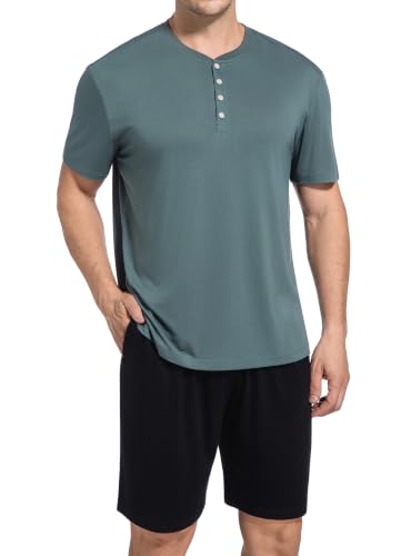 Image of SlumberMee Mens Cooling Pajamas Set Soft Bamboo-like Viscose Short Sleeve Sleepwear 2 Piece Lounge Set for Hot Sleepers