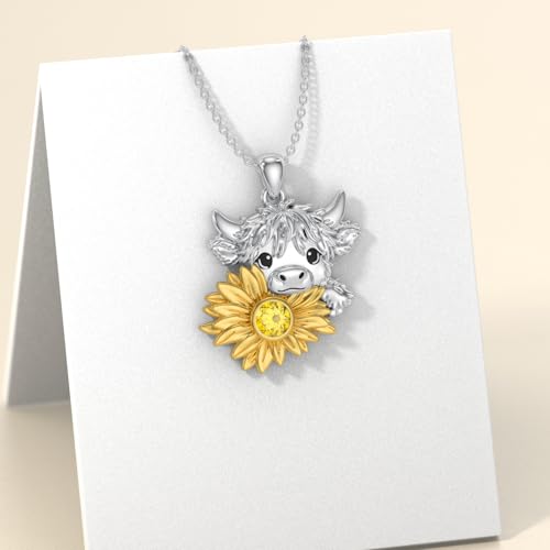 Highland Cow Necklace for Women 925 Sterling Silver Natural Citrine Sunflower Highland Cow Pendant Western Cow Jewelry Birthday Gifts for Daughter3