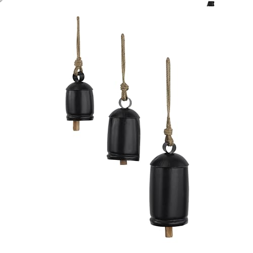 Deco 79 Metal Tibetan Inspired Decorative Cow Bells with Jute Hanging Rope, Set of 3 10 Inch,8 Inch,6 InchH, Black