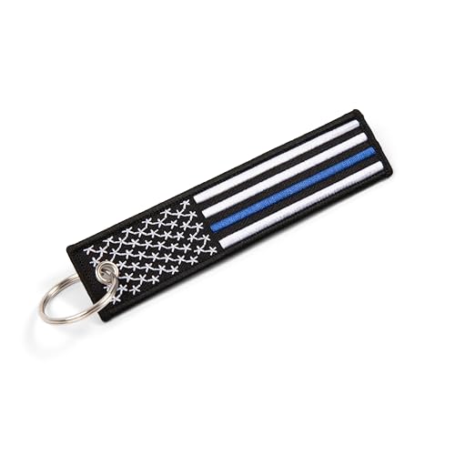 Great 1 Thin Blue Line American Flag Keychain Tag with Key Ring & Carabiner 2-Pack - Police & Law Enforcement