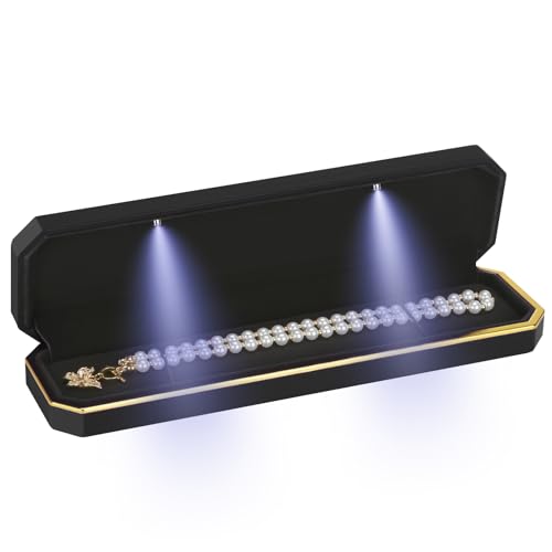 Luxury LED Necklace Long Chain Gift Box with LED Light, Velvet Jewelry Box Storage Case Organizer Holder (Black)