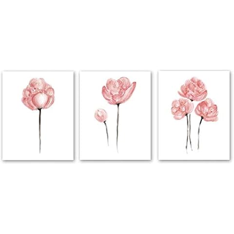 ZHAXFA Watercolor Pink Flower Art Print,Pink Lotus poster Canvas Wall Art Printing for Girls Bedroom Decoration, Set of 3 (8”X10” No Frame Cover